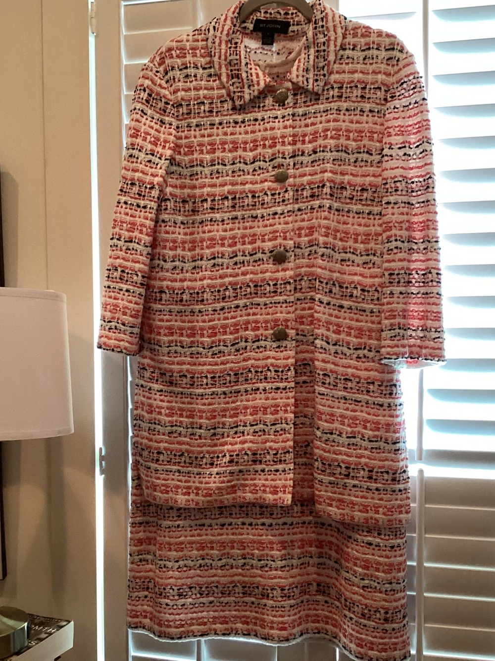 St. John Pink and White Tweed Two-Piece Dress/Coat suit